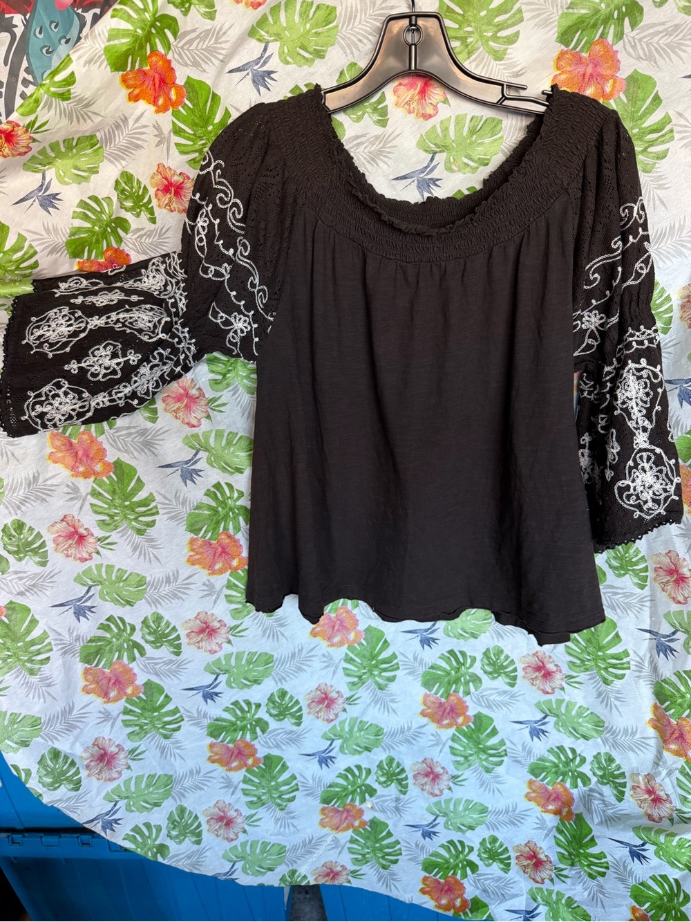Free People Black Blouse with White Embroidered Sleeves